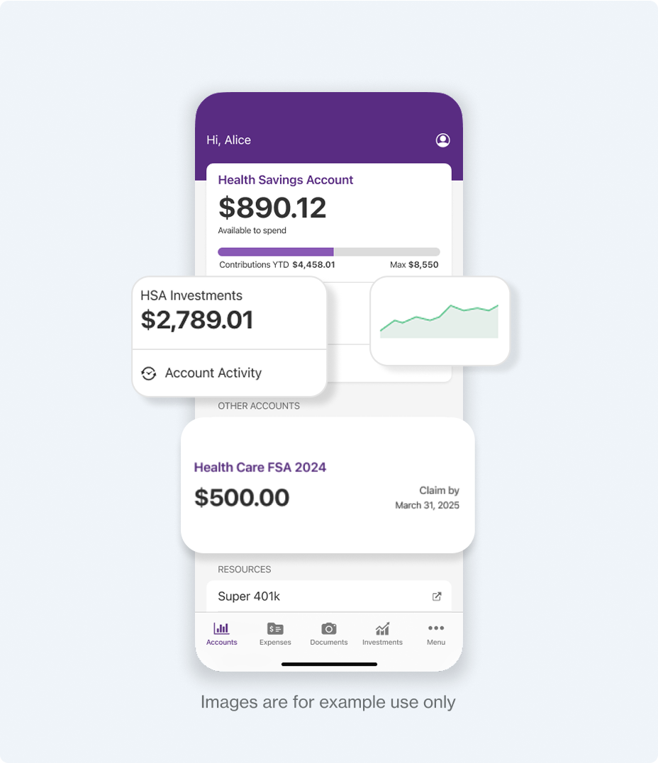 Mobile view of HealthEquity HSA Dashboard. Images are for example use only.