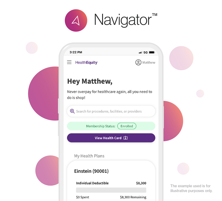 A mobile view of an employee health plan dashboard featuring a search bar, health card, and enrollment status.