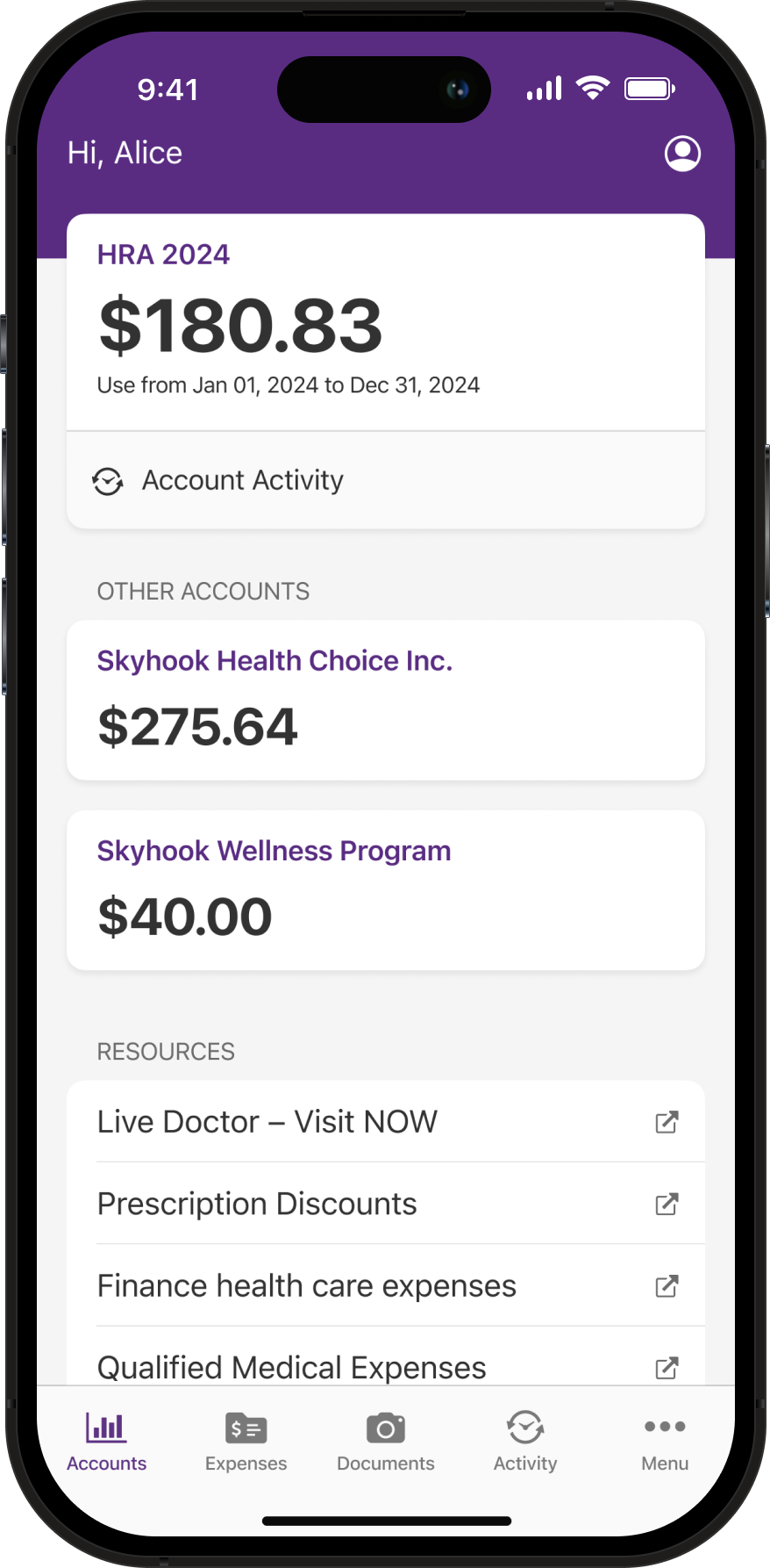 HealthEquity's Health Reimbursement Arrangement (HRA) dashboard view on a smartphone, showing the account balance.