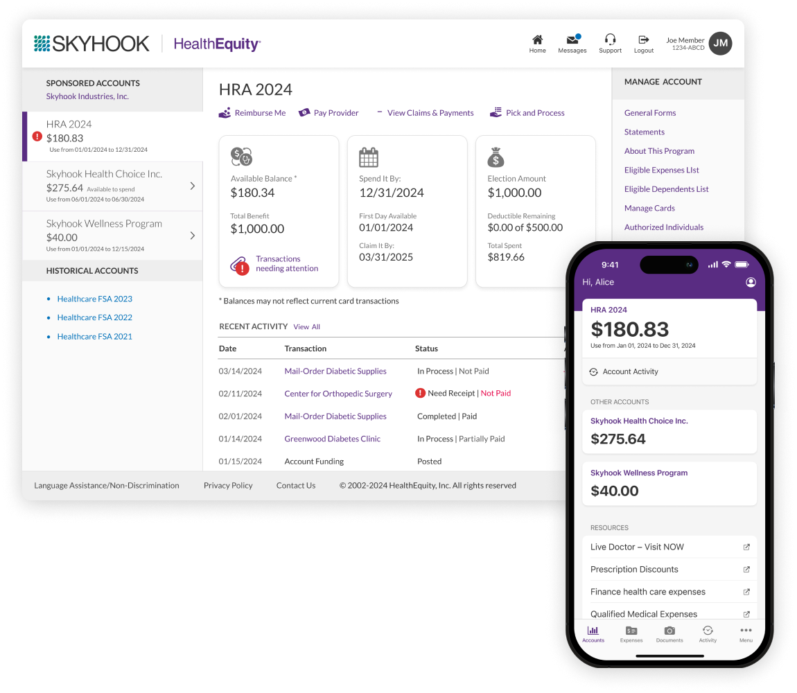 HealthEquity's Health Reimbursement Arrangement (HRA) dashboard view on a smartphone and desktop, showing the account balance.